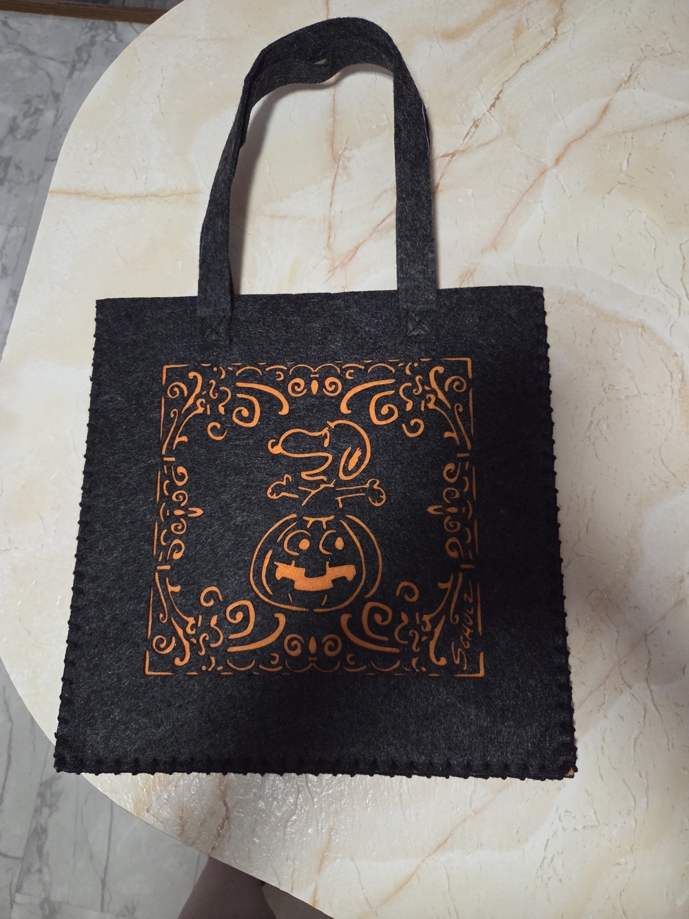 Black Snoopy Felt Tote Bag with Orange Halloween Pumpkin Motif